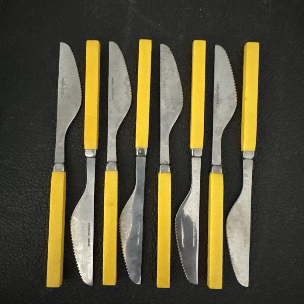 Vtg MCM RETRO Yellow Plastic Cubed Handle Stainless Flatware 40 Lot Read & Pics
